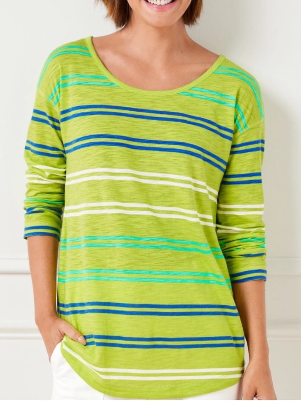 T By Talbots Women 2X Green Striped Cotton Blend 3/4 Sleeves Cross Back Top - Picture 2 of 11
